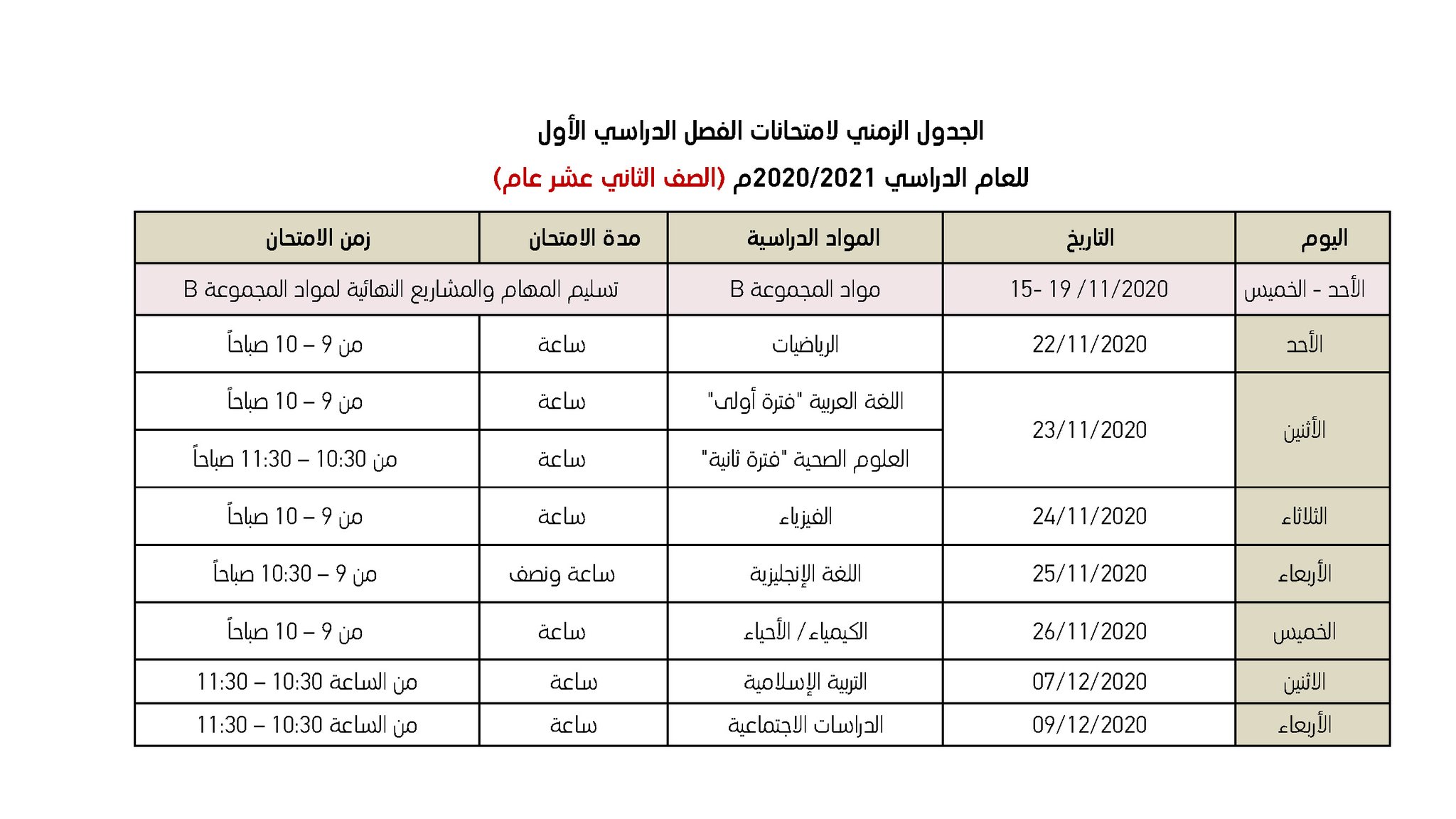 جدول الصّف الثّاني عشر العامّ