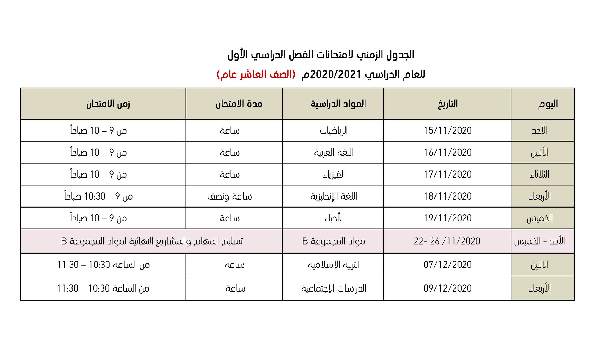 جدول الصّف العاشر العامّ