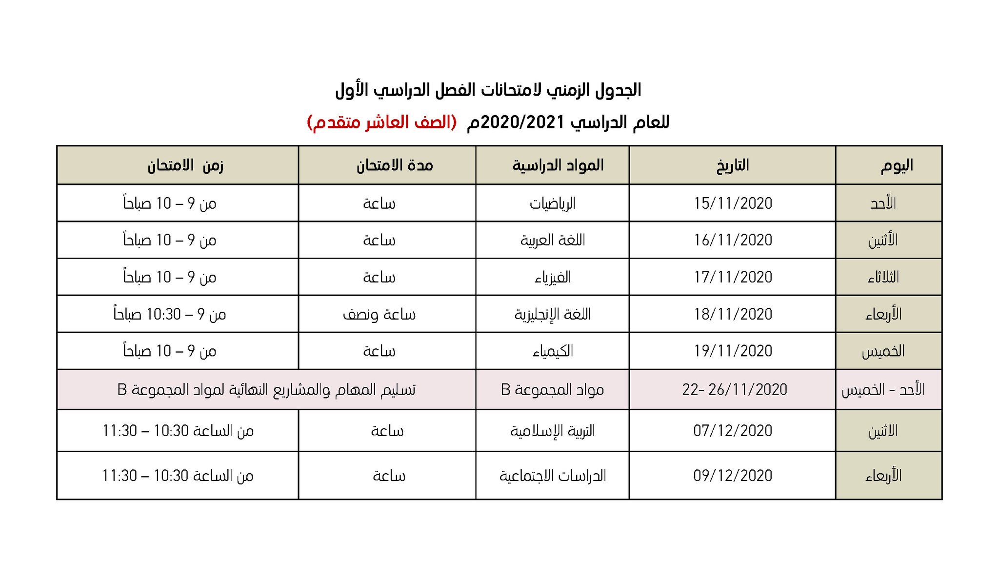 جدول الصّف العاشر المتقدّم