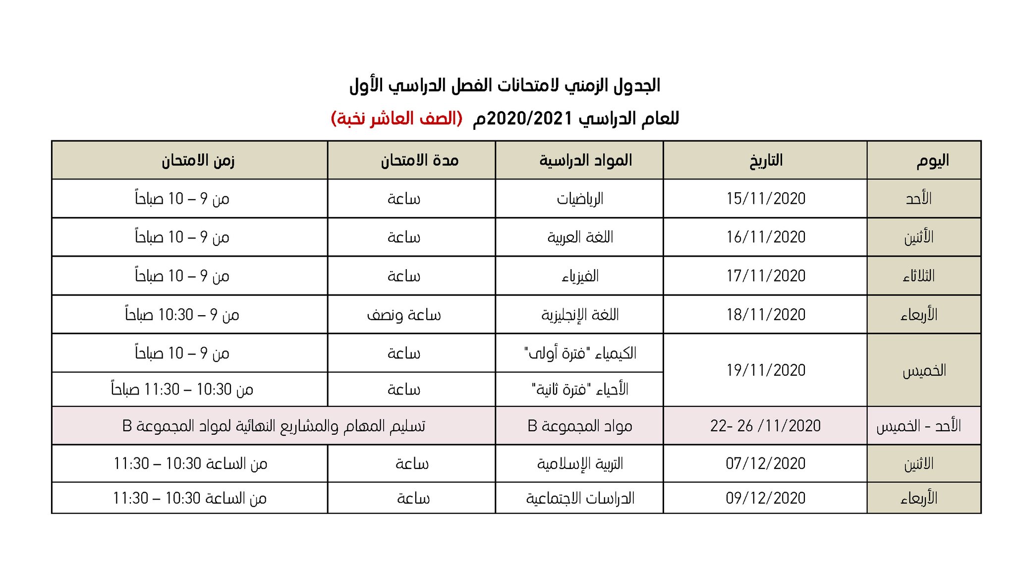 جدول الصّف العاشر النّخبة