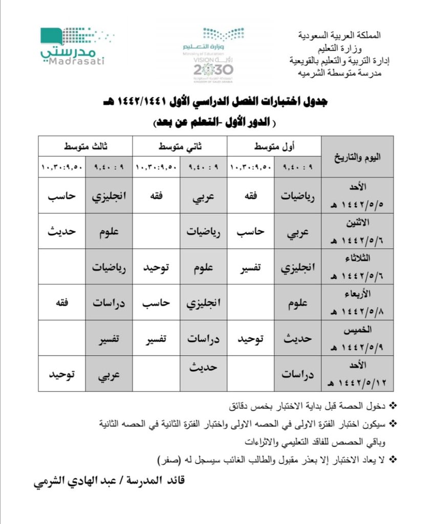 جدول اختبارات المرحلة المتوسطة 1442 للمدارس السعودية موقع محتويات