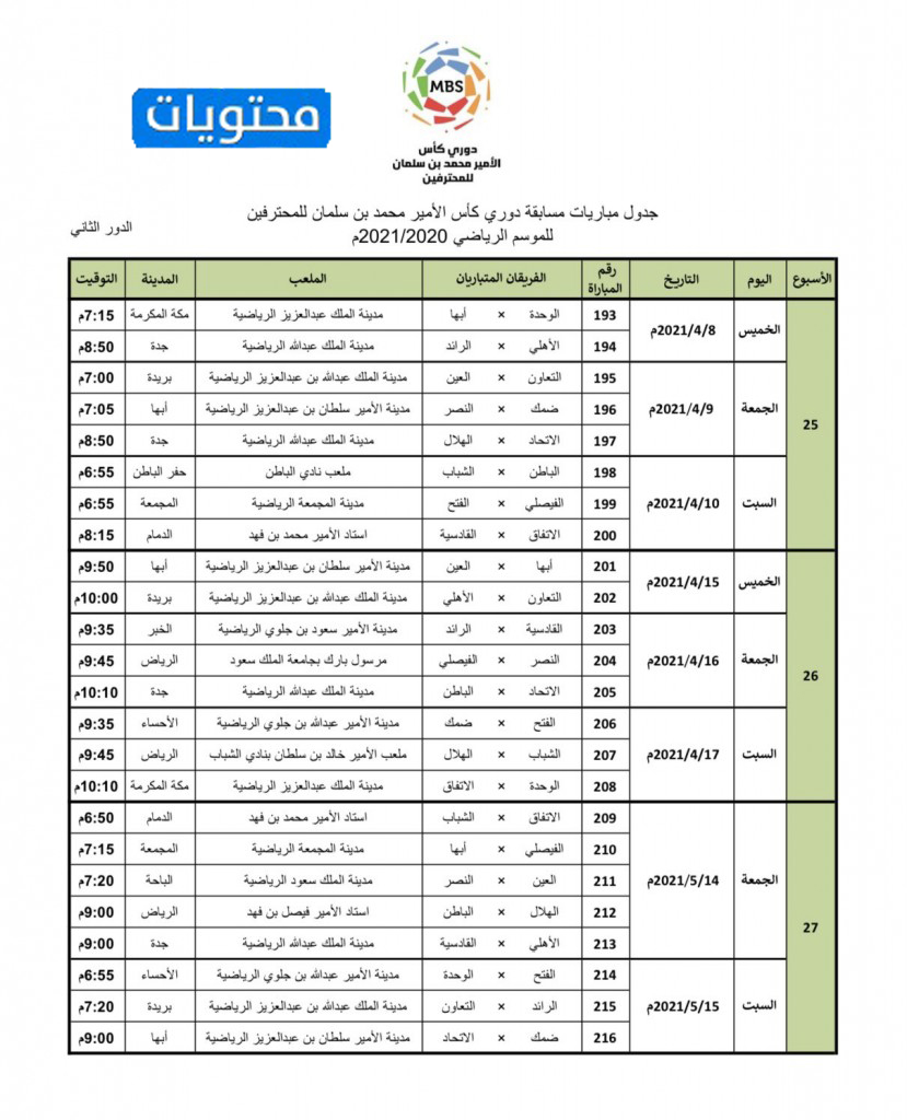 جدول دور ال16 الدوري السعودي