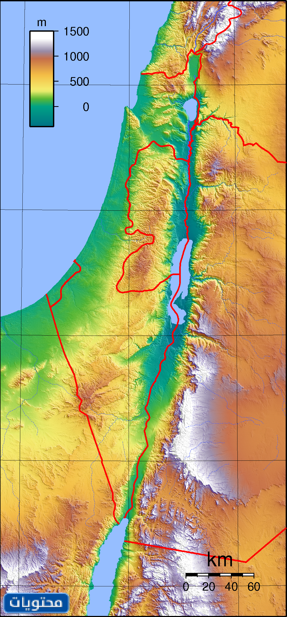 تقسيمات فلسطين الطبيعية على الخريطة