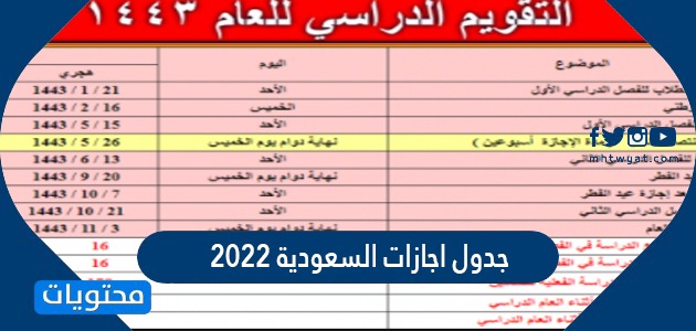 جدول اجازات السعودية 2022
