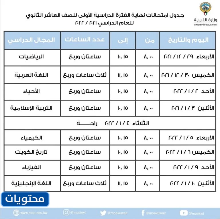 جدول اختبارات الصف العاشر الكويت 2022