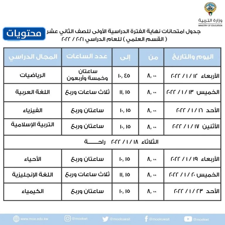جدول امتحانات الثاني عشر الكويت