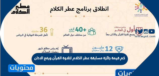 كم قيمة جائزة مسابقة عطر الكلام لتلاوة القرآن ورفع الاذان