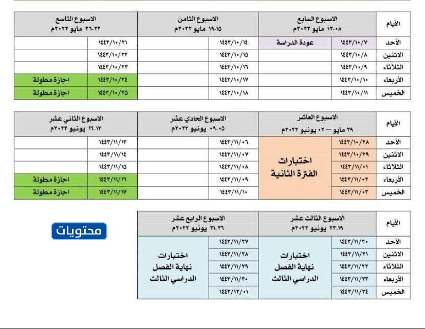 جدول الاختبارات النهائية الرياض