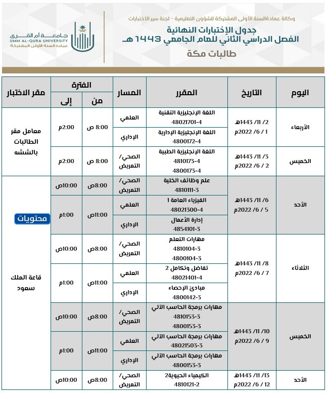 جدول الاختبارات النهائية جامعة أم القرى