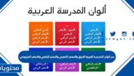 من الوان المدرسه العربية الازرق والاصفر الذهبي والاحمر الزاهي والاخضر المزروعي