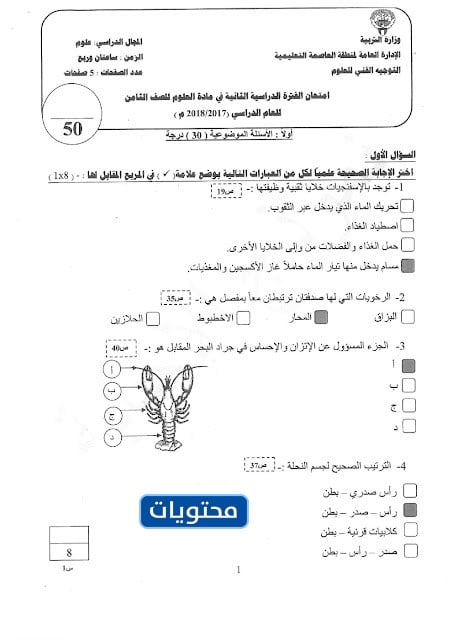 نموذج امتحان العلوم للصف الثامن 2022 العاصمة