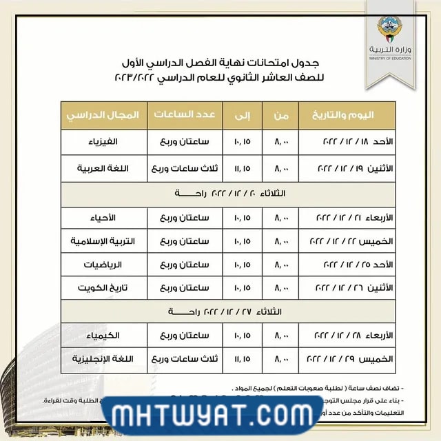 جدول اختبارات الصف العاشر 2022 الكويت