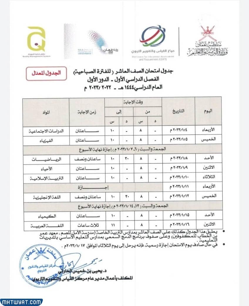 جدول الاختبارات النهائية سلطنة عمان 2023 الفصل الاول
