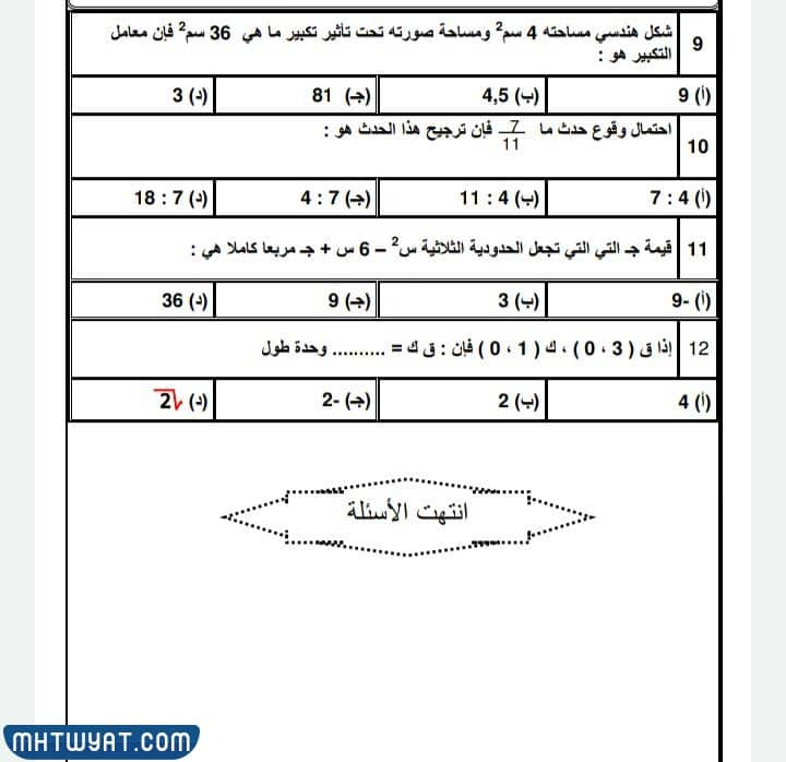 نموذج امتحان الرياضيات للصف التاسع 2022