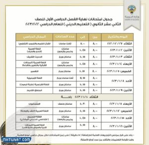جدول امتحانات الثانوية العامة للصف الثاني عشر الثانوي