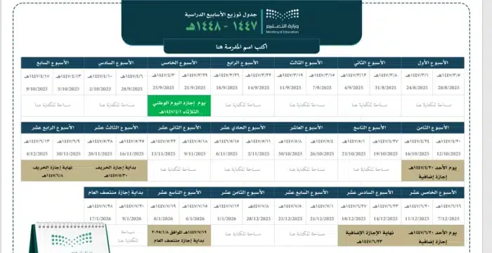 توزيع الاسابيع الدراسية 1447 الفصل الدراسي الثاني